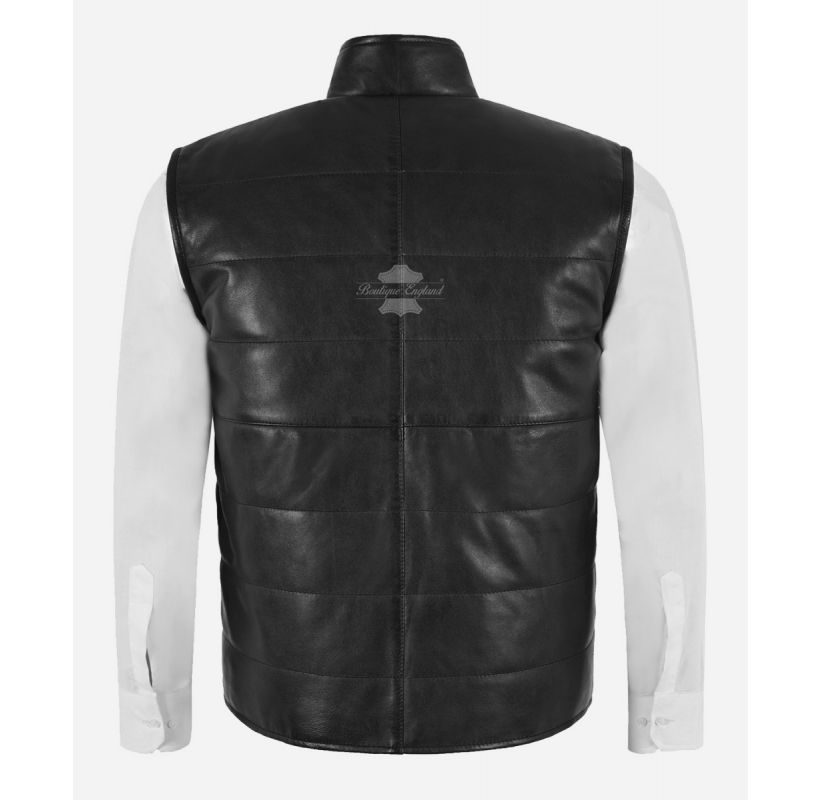 Men's Quilted Leather Waistcoat Light Puffer Black Real Leather Fashion Gilet Vest