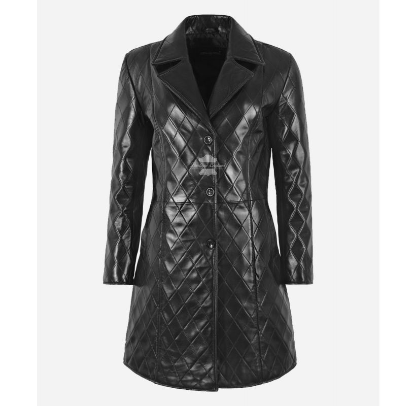 FLORENCE Ladies Coat Black Diamond Quilted 3/4 Length Trench Coat