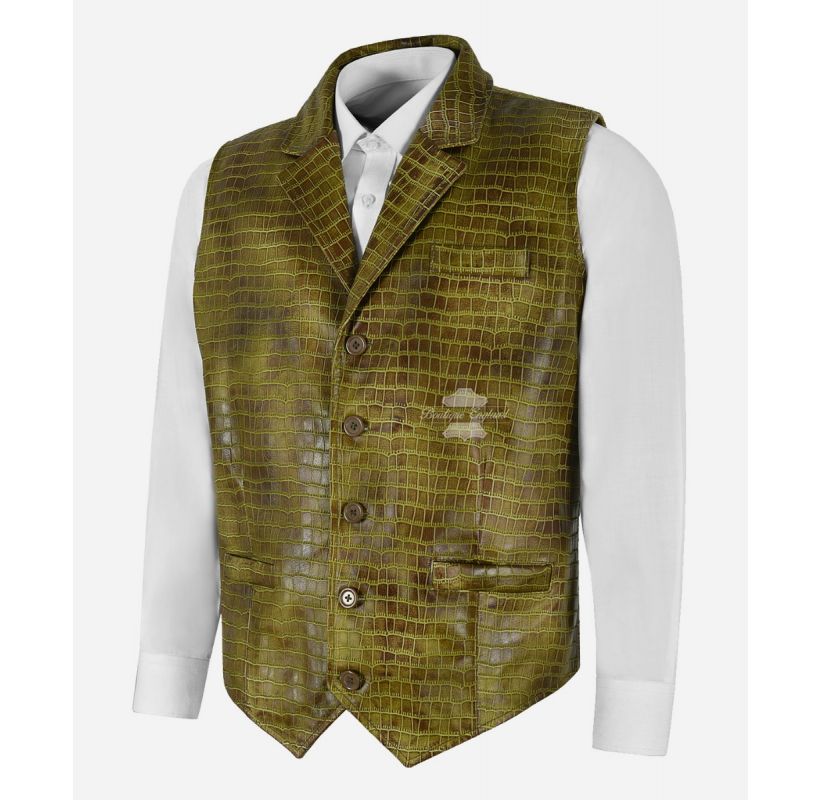 ANDY Leather WAISTCOAT MEN'S Croc Exotic Print Notch Collar Vest