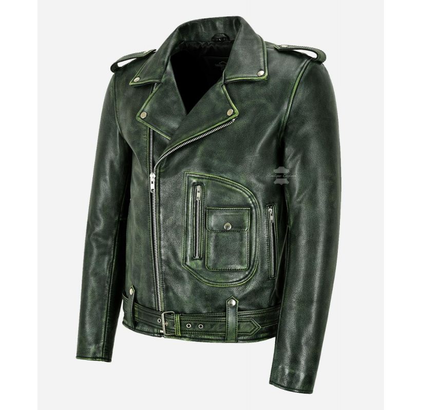 ASTER Herren-Bikerjacke aus Leder im Vintage-Brando-Stil, grün