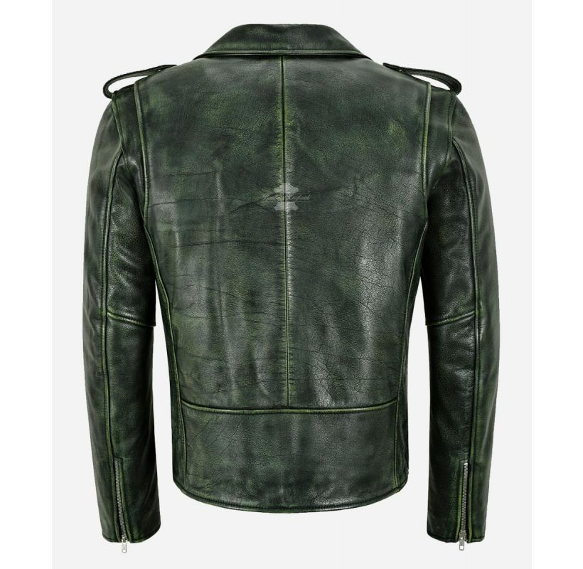 Men's Biker Leather Jacket Green Vintage Brando Style Thick Cowhide Riding Jacket Aster