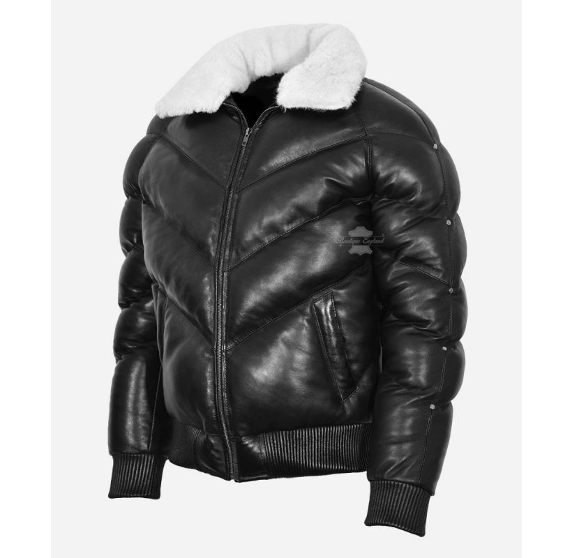 Ace Puffer Leather Jacket Klassische, gepolsterte Herrenjacke mit Pelzkragen