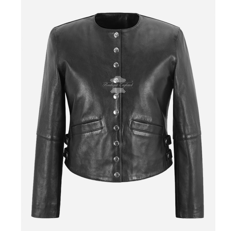 Kristen Collarless Leather Jacket Ladies Slim Fit Round Neck Jacket