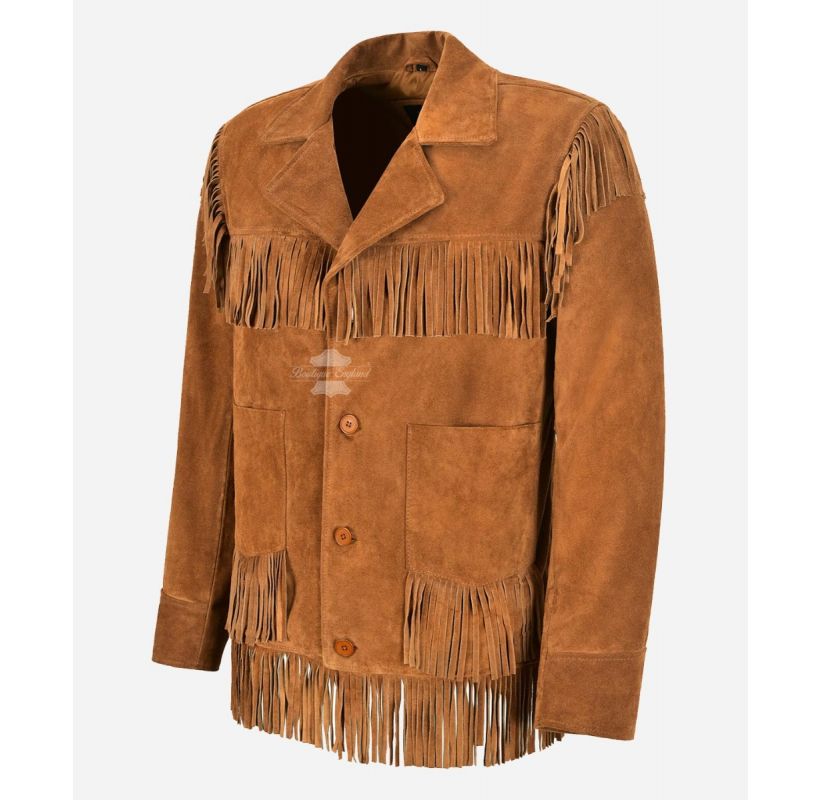 Men's Western Fringes Suede Leather Jacket Tan Classic Bohemian Style Jacket
