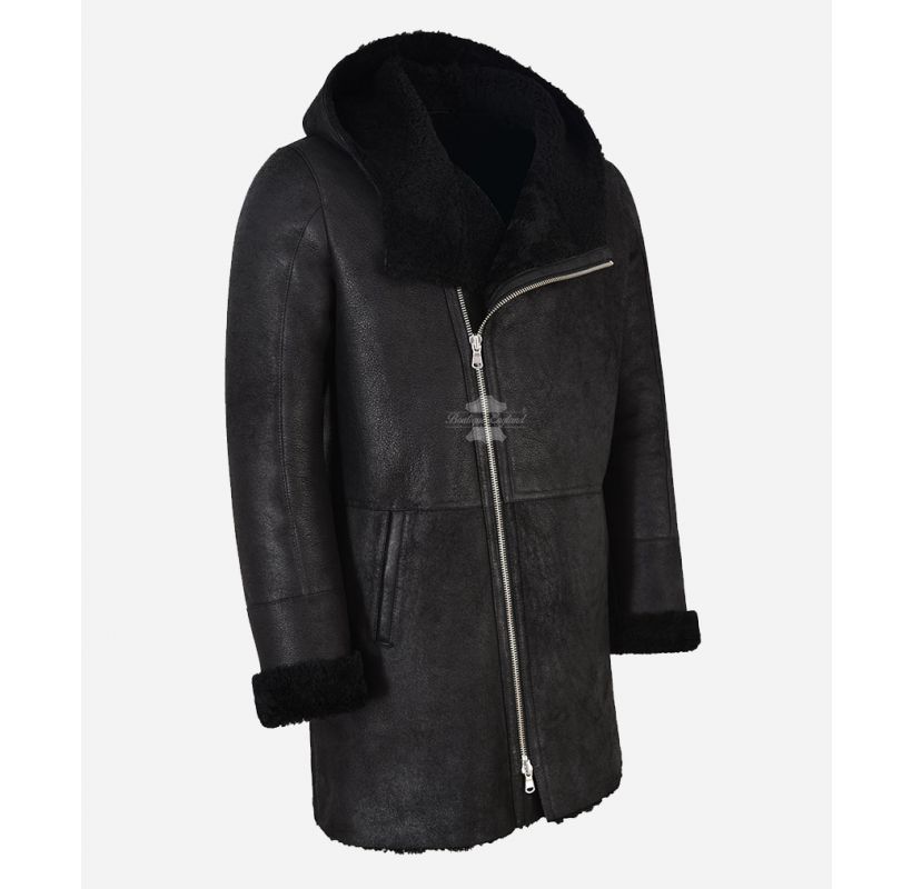 ANTONIO Sheepskin Parka Men's Shearling Fur Hooded Parka Coat Black