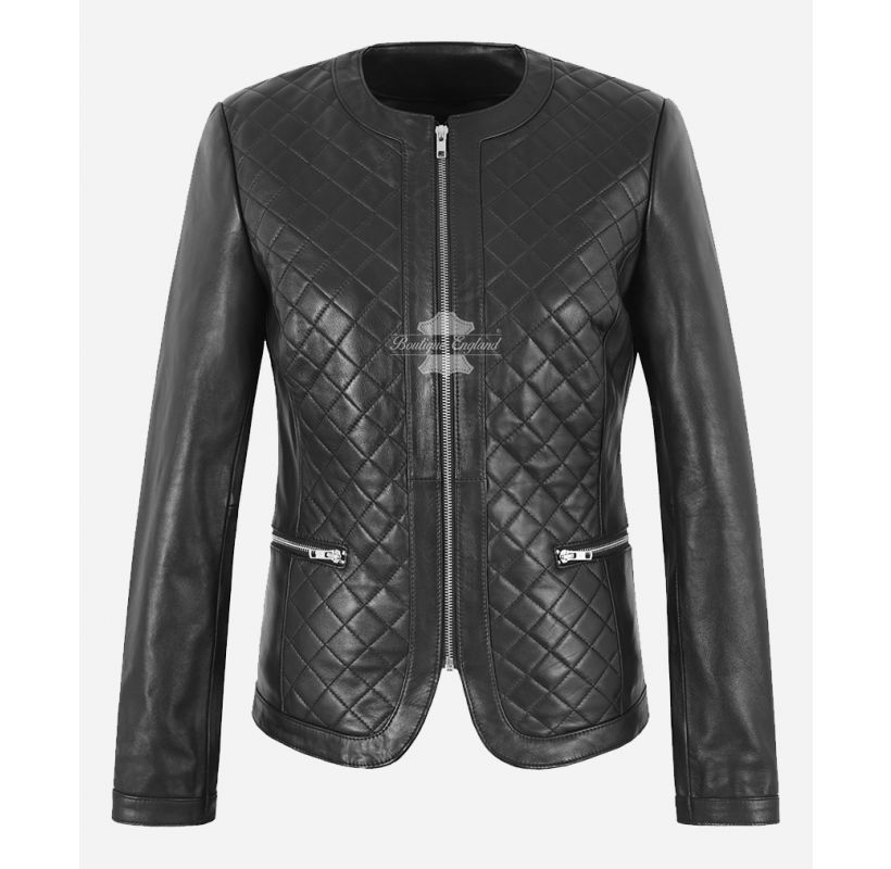 JANINE Collarless Jacket Women Casual Diamond Quilted Leather Jacket