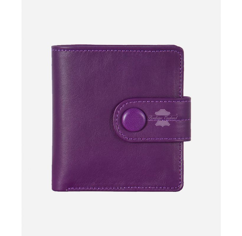 Unisex Leather Bifold Wallet with stud snap closure Purple RFID Protected
