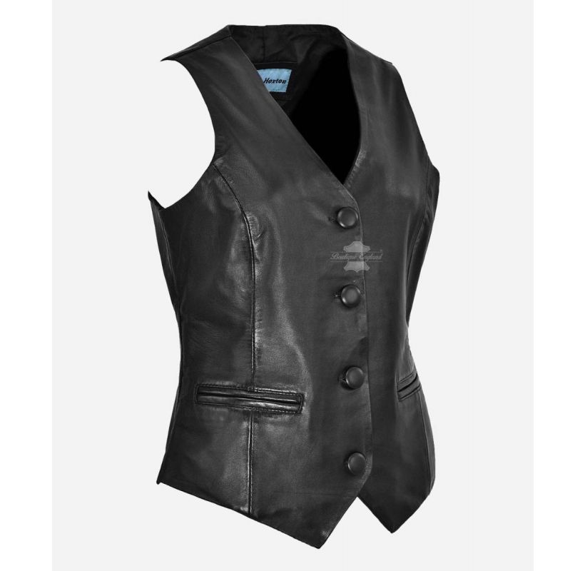 Zita Ladies Waistcoat Black Party Casual V-Neckline Soft Leather Vest