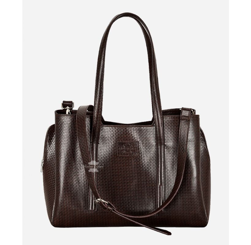 Damen-Einkaufstasche mit Reißverschluss Canestrino Bedruckte braune Handtasche aus echtem Rindsleder