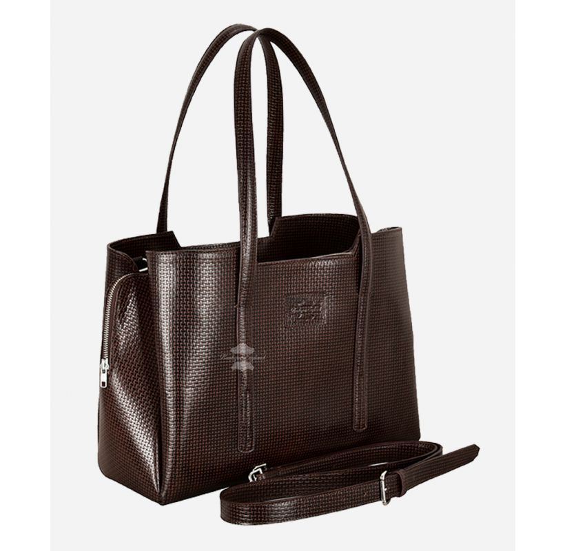Damen-Einkaufstasche mit Reißverschluss Canestrino Bedruckte braune Handtasche aus echtem Rindsleder