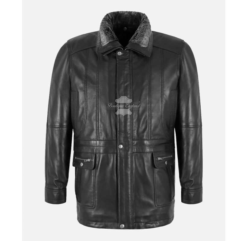 LUX Men’s Hip Length Car Coat Detachable Fur Collar Loose Fit Jacket