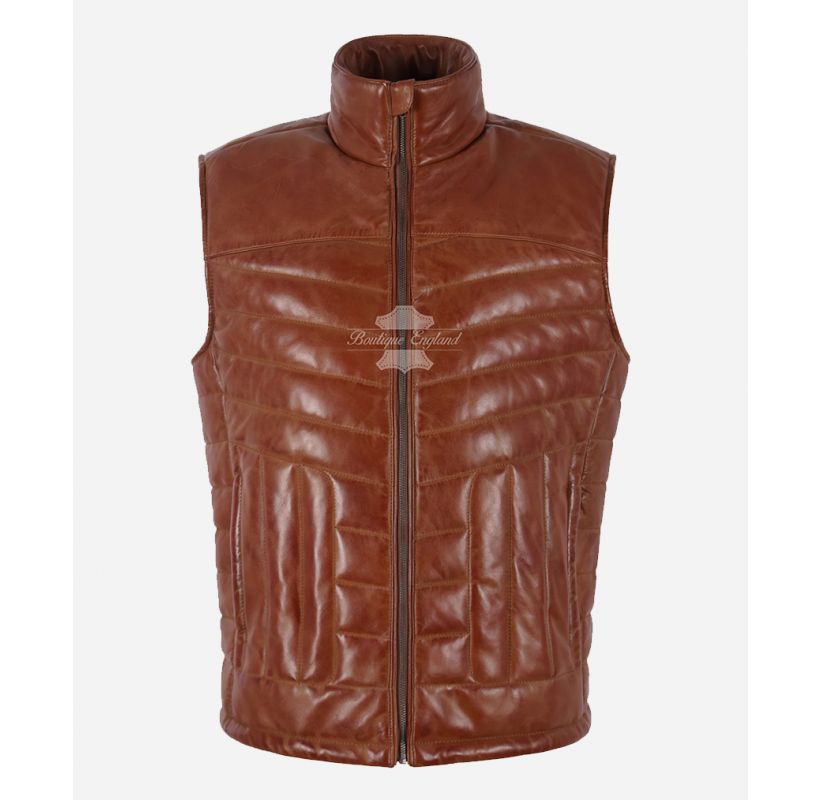 CARLOS Leather Padded Vest Men's Chestnut Puffer Waistcoat Gilet