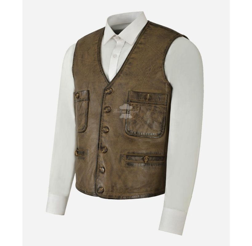 The Executive Leather Vest Men's Classic Lambskin Leather Waistcoat
