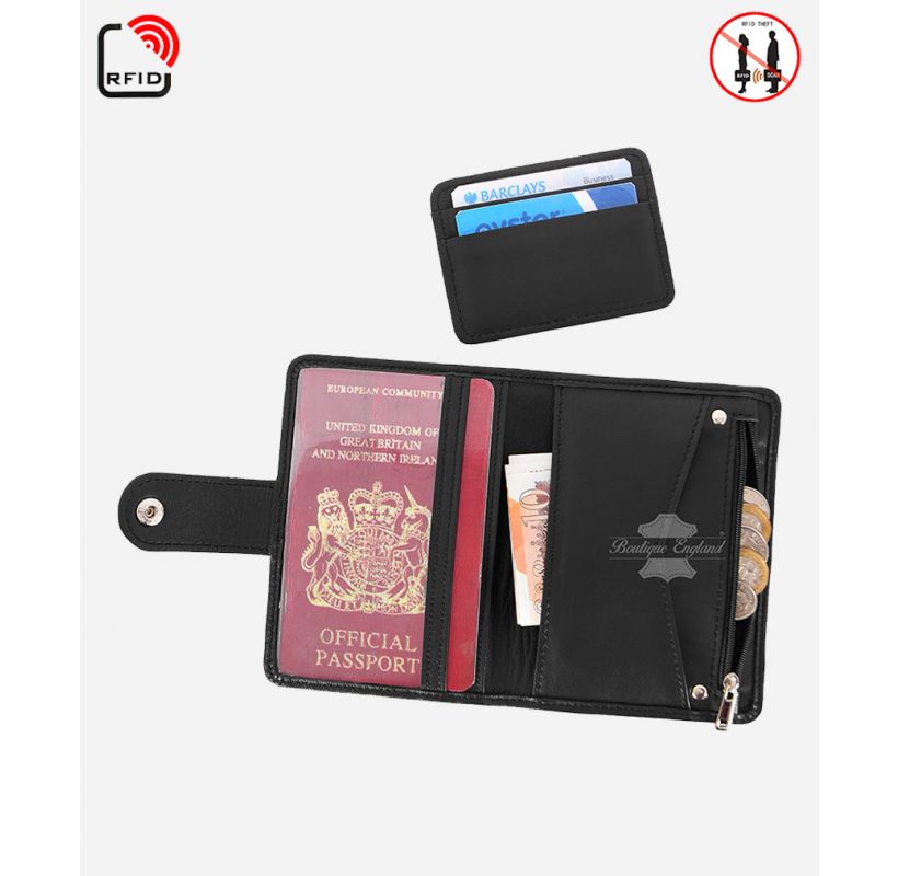 Porte-passeport en cuir noir porte-cartes de crédit à deux volets protégé par RFID