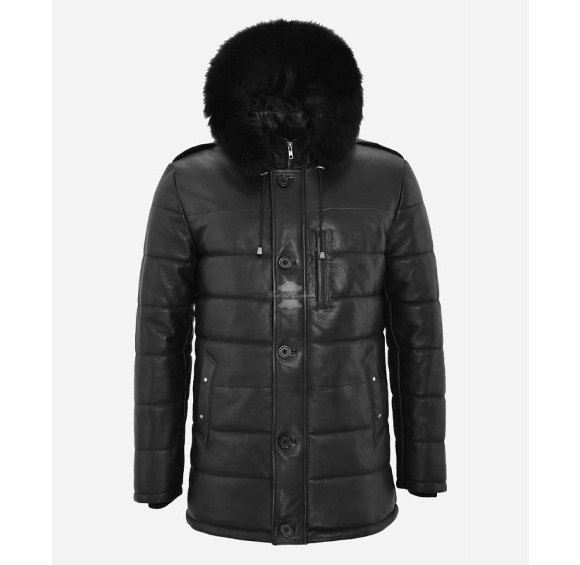 ICEBERG PUFFER LEATHER HOODED JACKET Classic Long Winter Leather Jacket