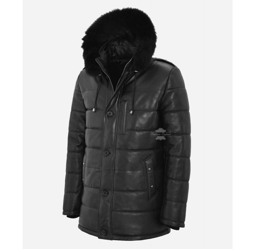 ICEBERG Long Puffer Hooded Leather Coat Jacket