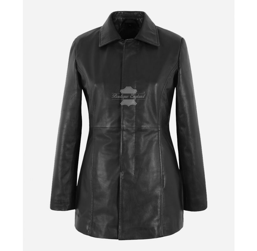 PARIS 3/4 Length Leather Coat Ladies Black Long Leather Coat Jacket