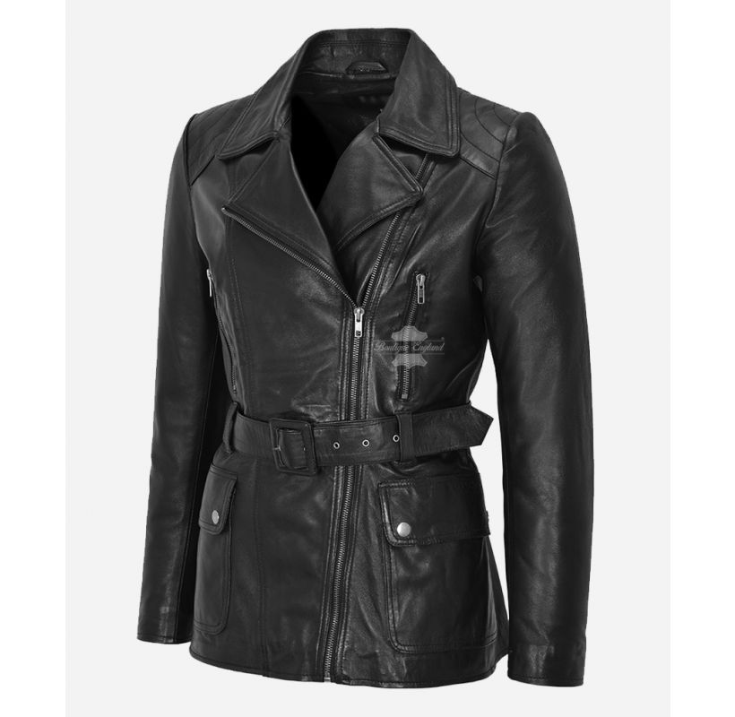 ANGELINE Mid Length Coat Ladies Leather Classic Belted Trench Coat