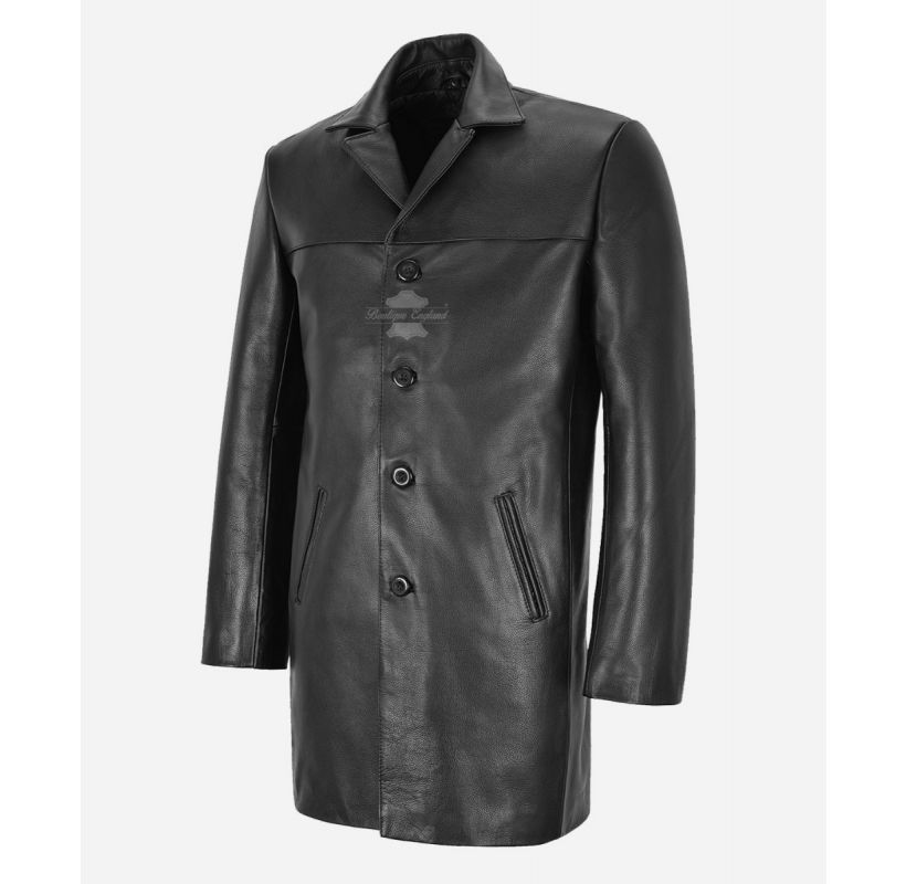 REEFER CLASSIC BLACK LEATHER COAT MENS MILITARY STYLE LONG JACKET