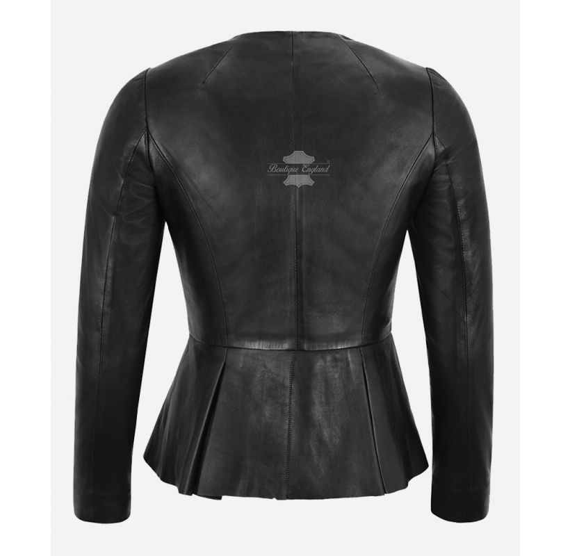 Daniella Collarless Leather Jacket Ladies Pleated Broom Fitted