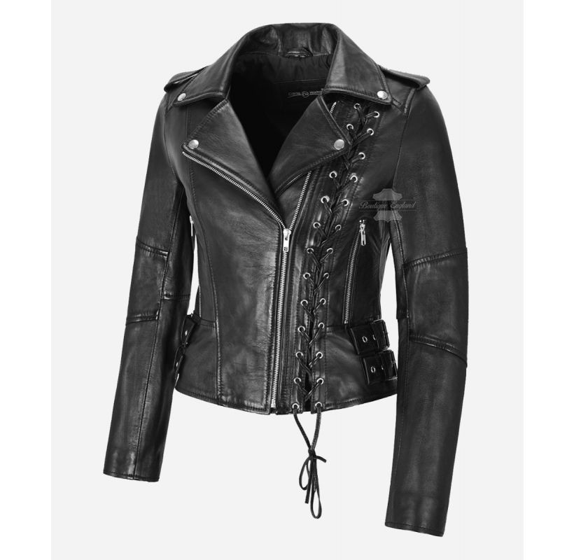 Blackheart Gothic Jacket Laced Fashion Ladies Biker Veste en cuir