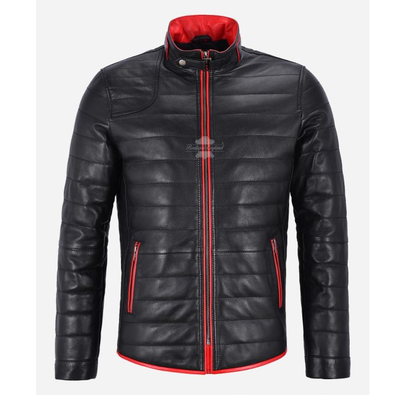 Men's Puffer Jacket Black Quilted Red Trimming Light Puffer Leather Coat