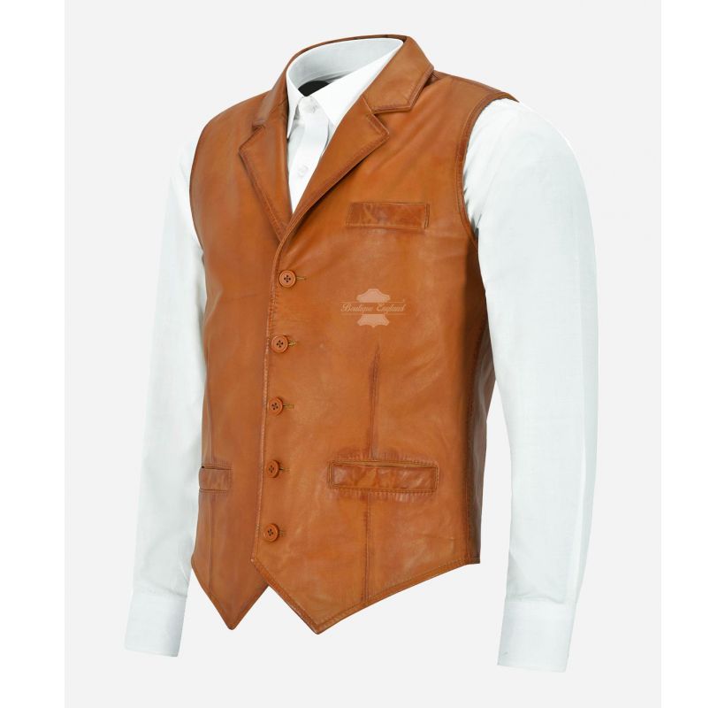 ANDY LEATHER WAISTCOAT MEN'S REAL LEATHER NOTCH COLLAR VEST