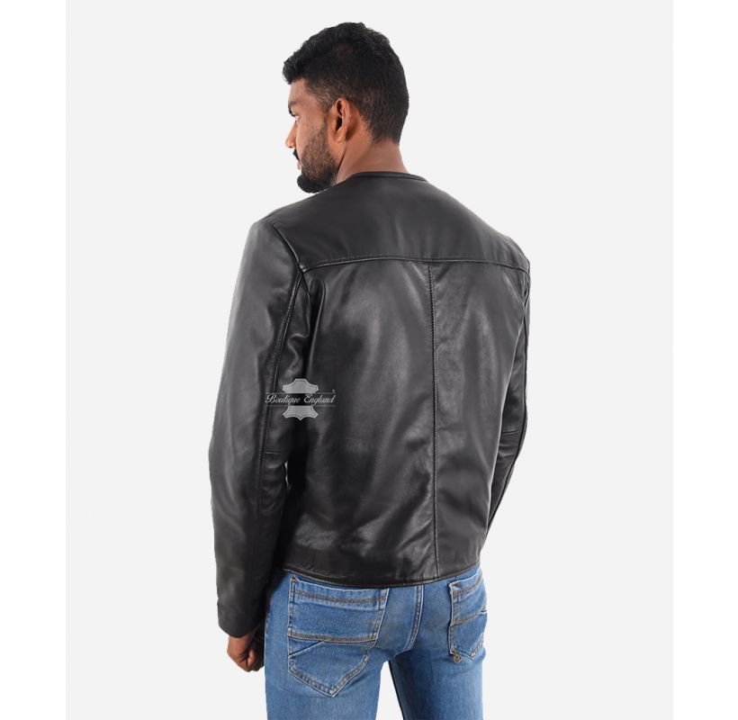 COLLARLESS MOTO LEATHER JACKET MEN'S No Collar Black Fashion Jacket