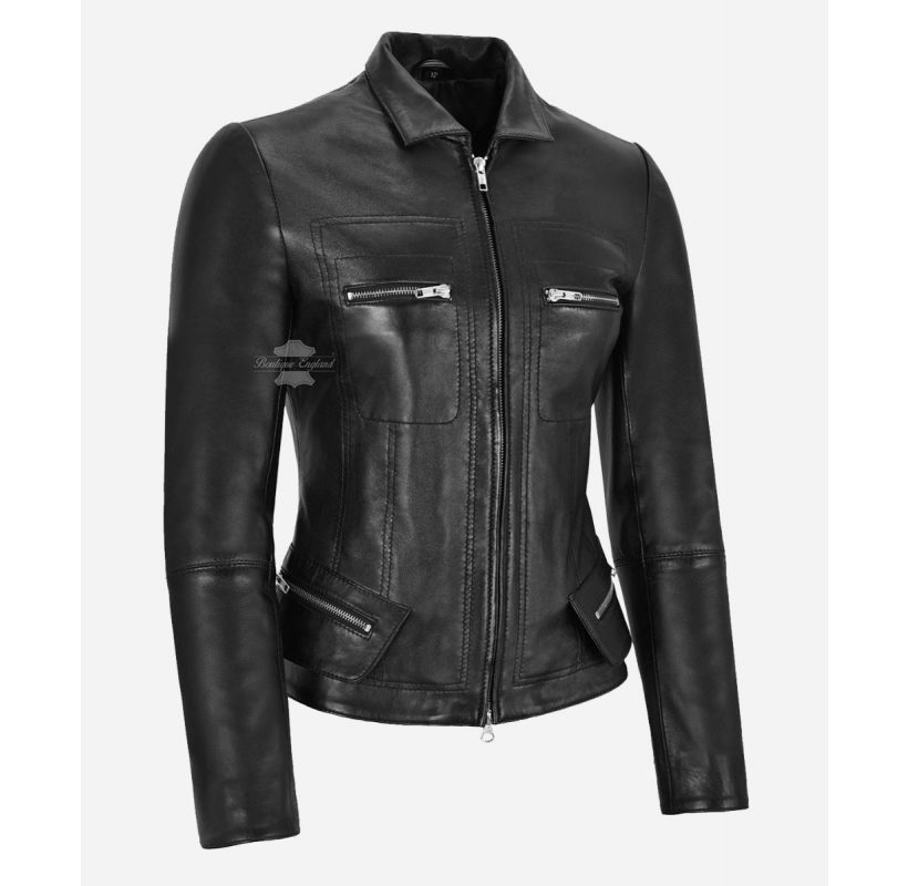 Romilly Ladies Jacket Black Shirt Collar Slim Fit Casual Leather Jacket