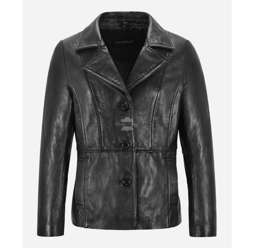 PRAGUE Black Leather Blazer Ladies Classic 3 Button Coat Blazer Jacket