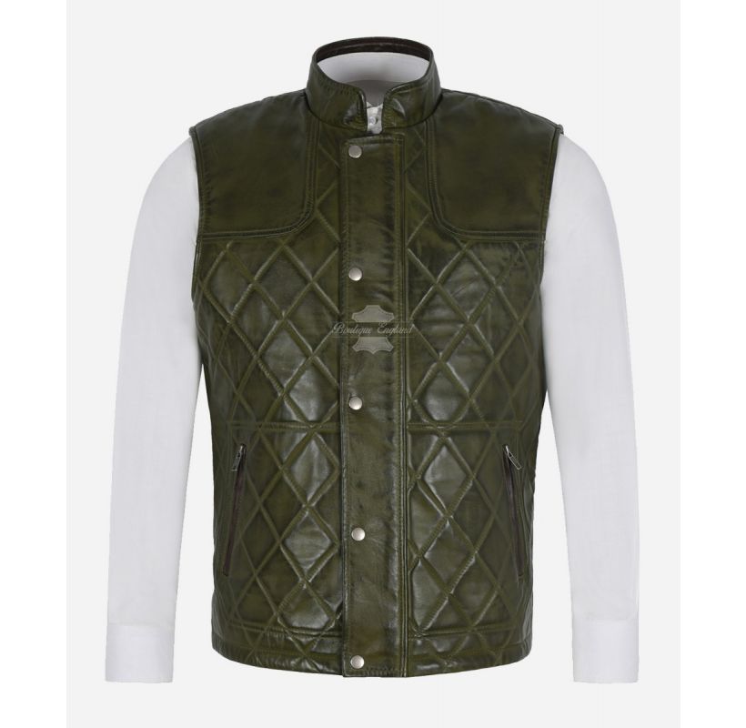 The Olive Green Quilted Gilet Men's Sleeveless Leather Jacket