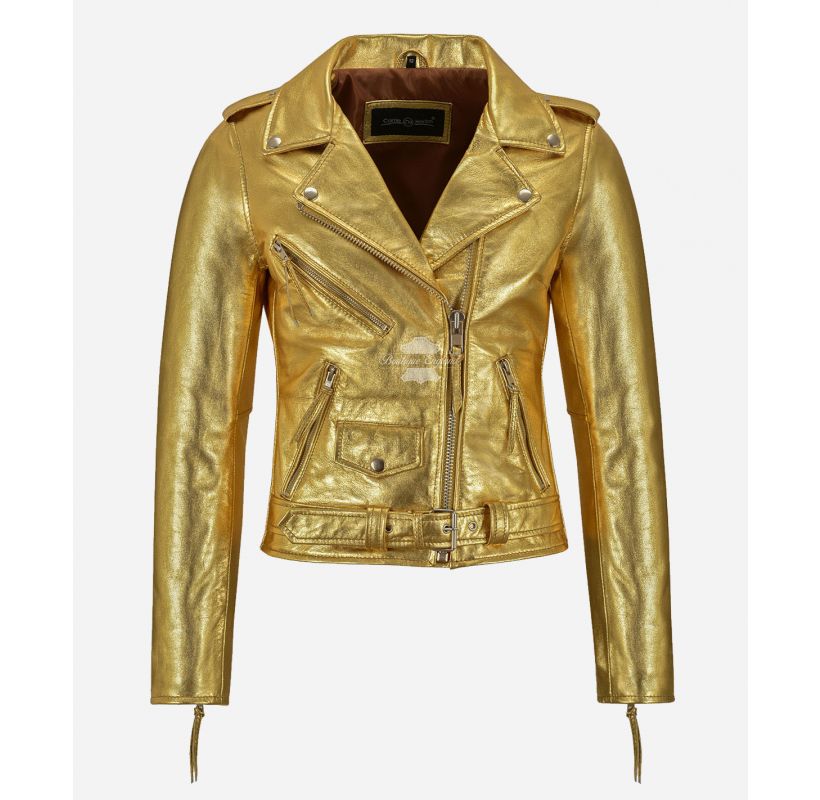 Brando Ladies Jacket Shinny Silver/Golden Biker Fashion Leather Jacket