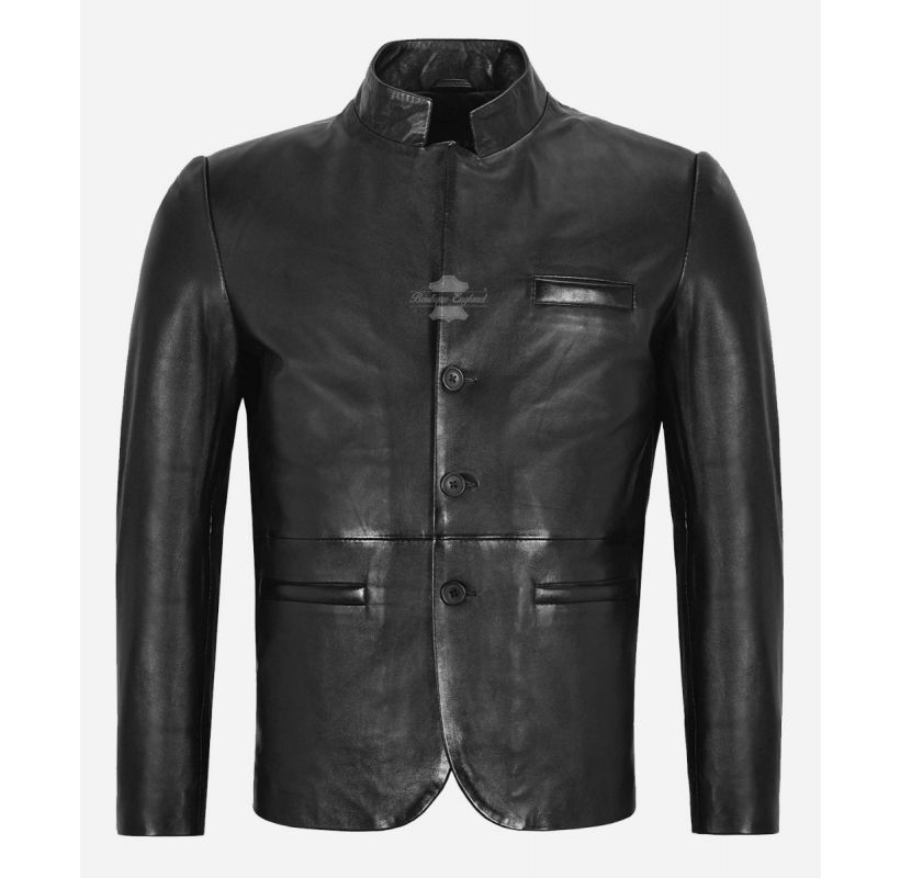BAND Collar Leather Blazer Men's Classic Button Closure Leather Jacket
