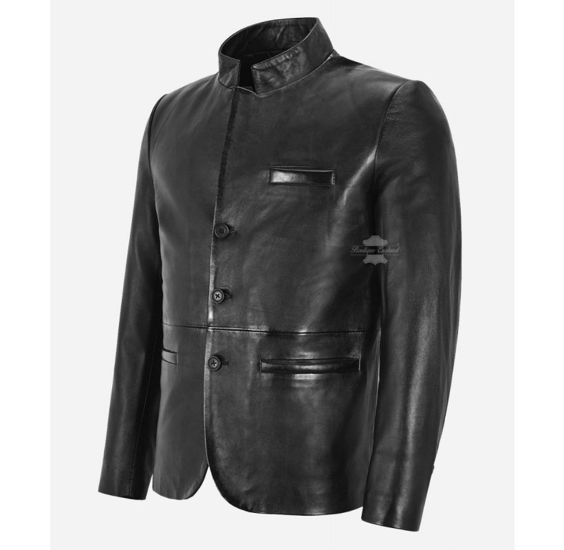 BAND Collar Leather Blazer Men's Classic Button Closure Leather Jacket