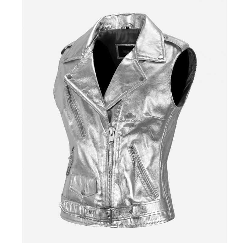 Brando Ladies Biker Vest Silver Foil Slim Fit Party Fashion Leather Waistcoat