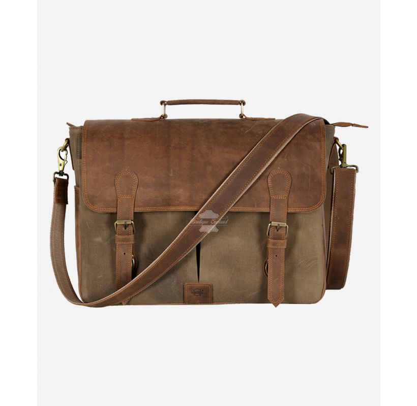 Men Leather+Canvas Laptop Bag Messenger Crossbody Bag