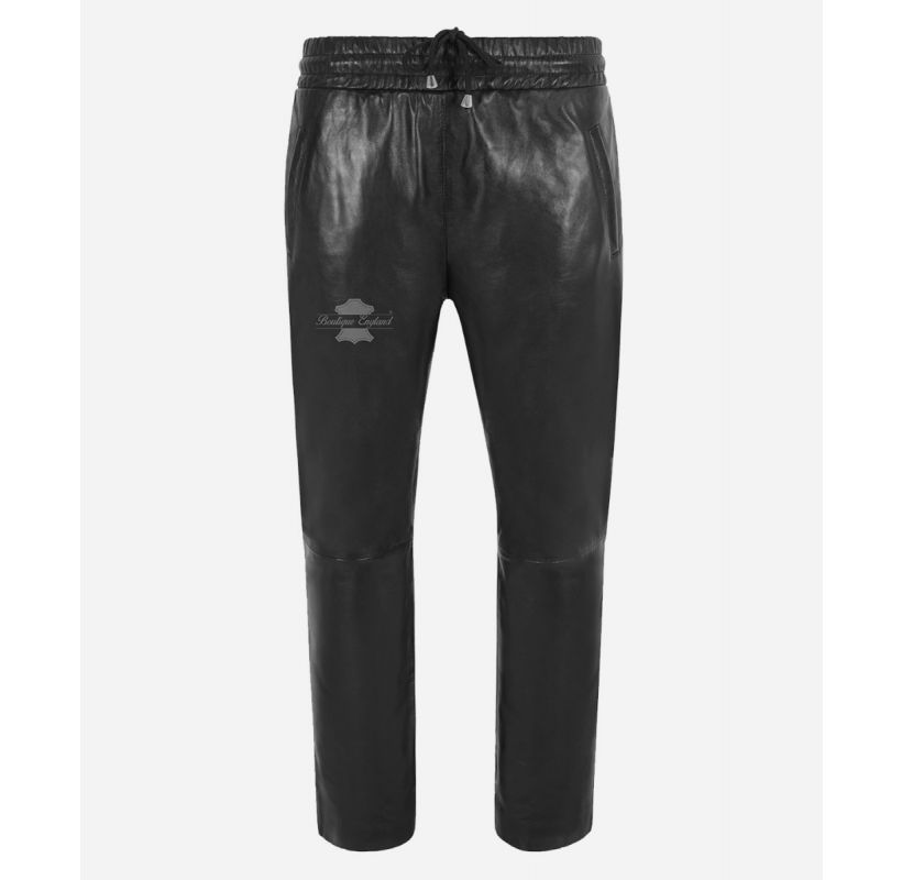 Ladies Soft Leather Chinos Elasticated Relax Fit Black Leather Trousers