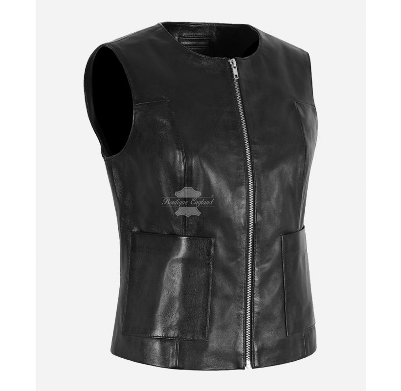 MARTINA Ladies Vest Black Collarless Fitted Leather Waistcoat
