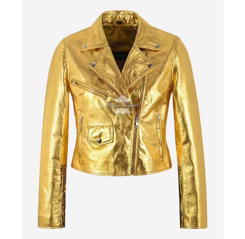 EMMA WATSON Style Jacket SLIM FIT SHORT BODY Ladies Golden LEATHER JACKET