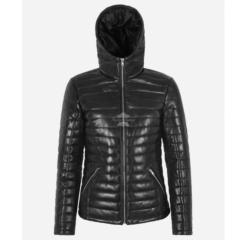 Ladies PUFFER Leather Jacket Leather Hooded Women Leather Jacket