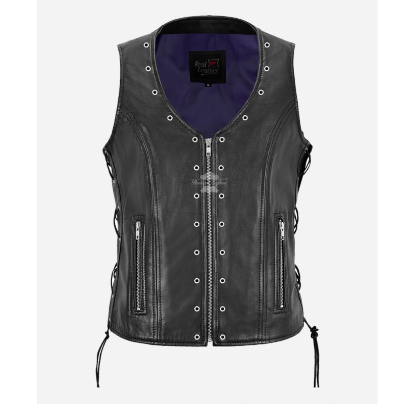 Ladies Punk Waistcoat Laced Sides Eyelets Studs Biker Gothic Leather Vest