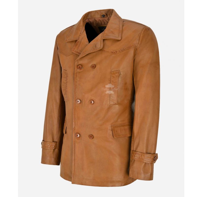 DR WHO Leather Pea Coat Classic Double Breasted Leather Coat