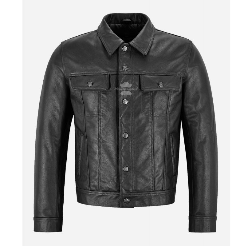 Men's TRUCKER Black Classic Western Real Soft Genuine Leather Jacket Shirt 1280