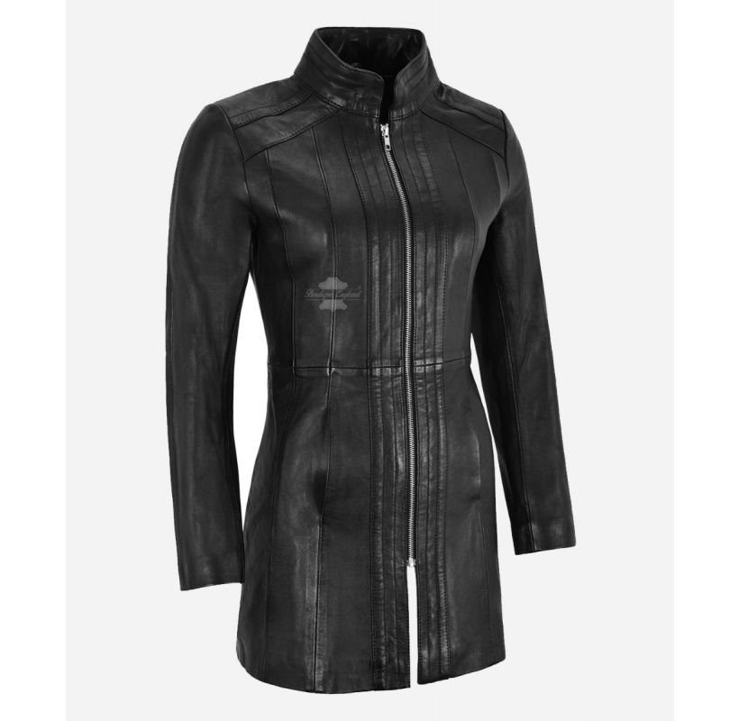 Midnight Trench Jacket Ladies Black Mid Length Long Leather Jacket