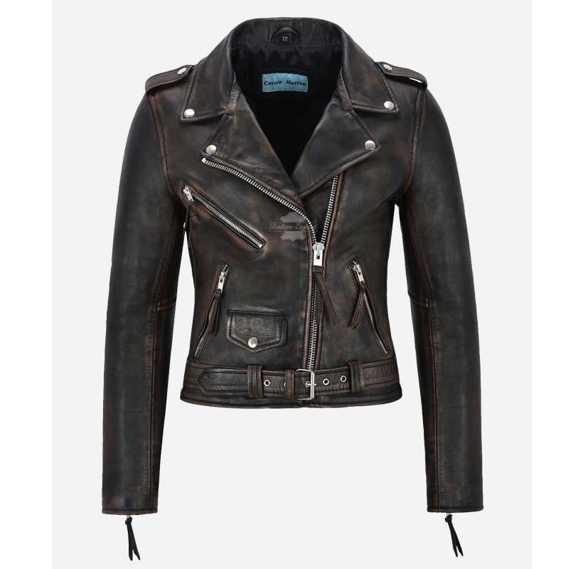 LADIES BRANDO Vintage Jacket Classic Washed Waxed Leather Jacket