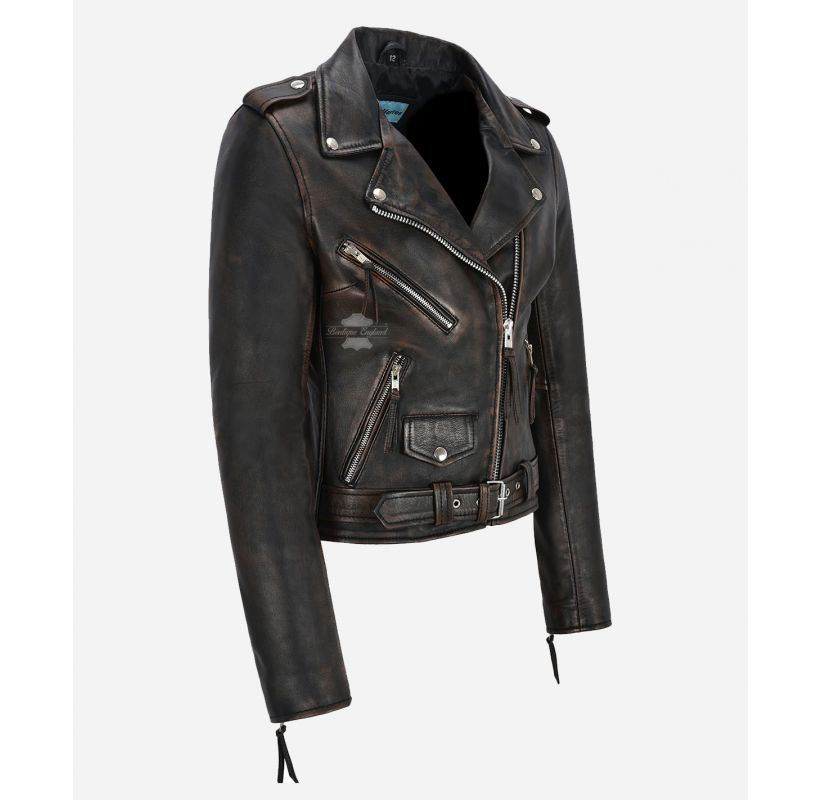 LADIES BRANDO Vintage Jacket Classic Washed Waxed Leather Jacket