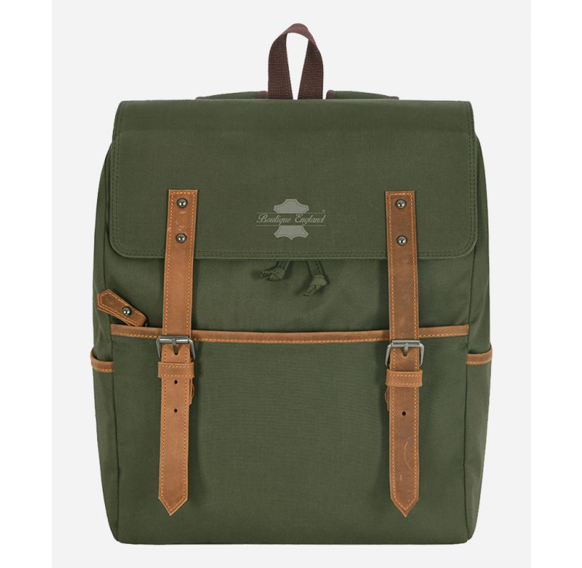 Mens Canvas Backpack Olive Casual Travel Rucksack Leather Trimming Bag