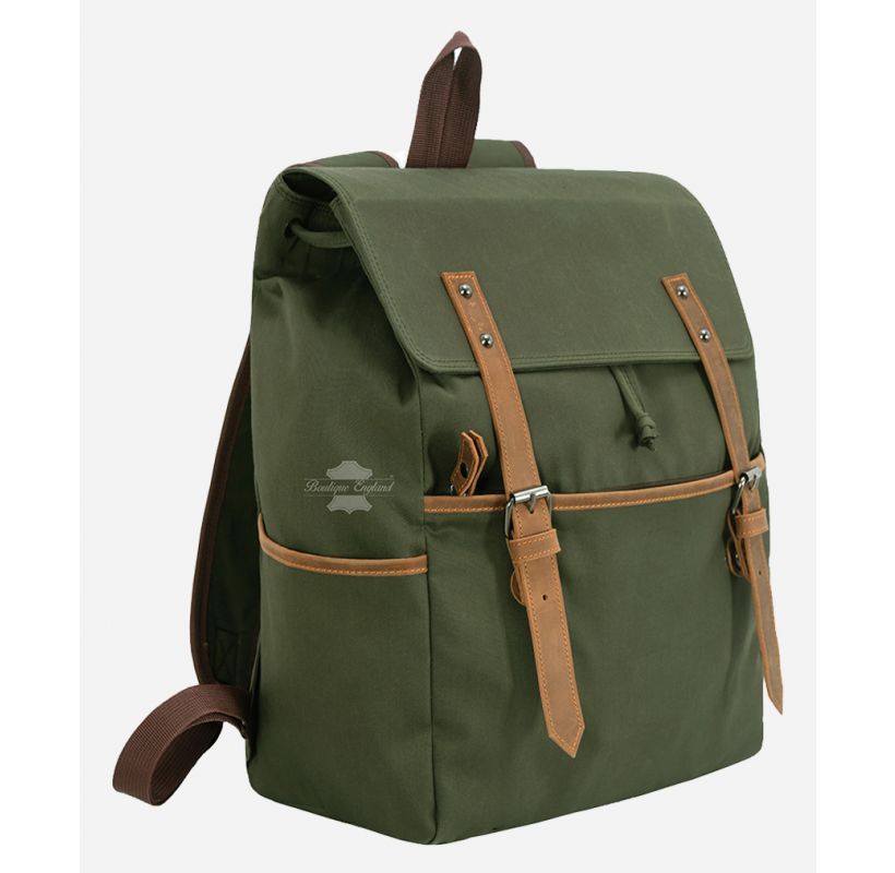buy canvas leather backpack uk Mens Canvas Backpack Olive Casual Travel Rucksack Leather Trimming Bag