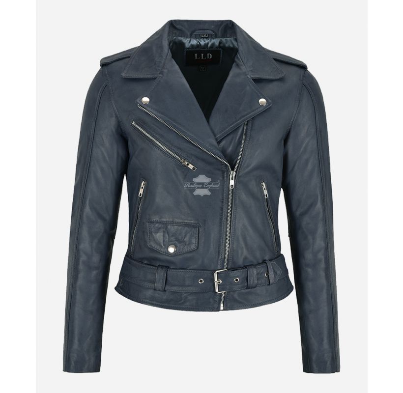 Ladies Leather Biker Jacket Classic Slim Fit Leather Jacket Navy
