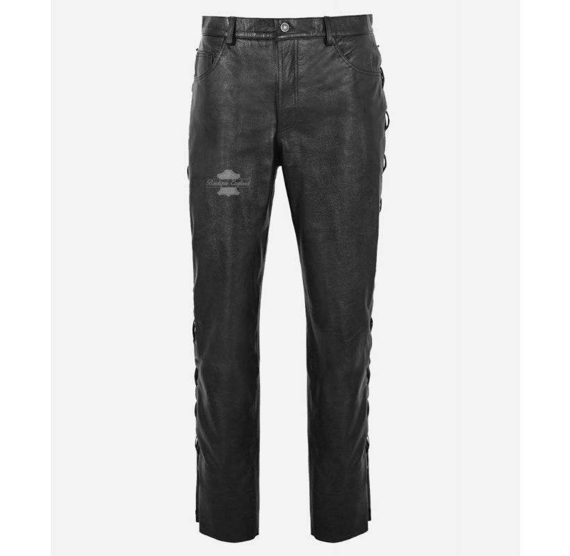 Laced Leather Pants Men's Black Cowhide Laced Biker Trouser Pants
